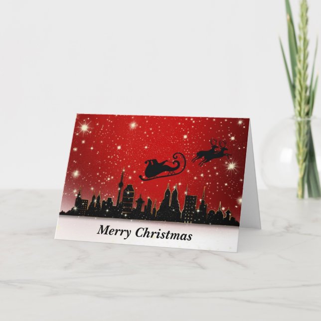 Santa and Sleigh over large City Holiday Card (Front)