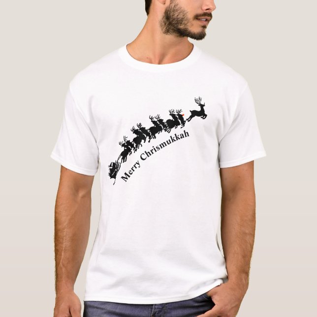 Santa And Sleigh Silhouette Chrismukkah T-Shirt (Front)