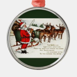 Santa and Sleigh with Reindeer Green Metal Tree Decoration