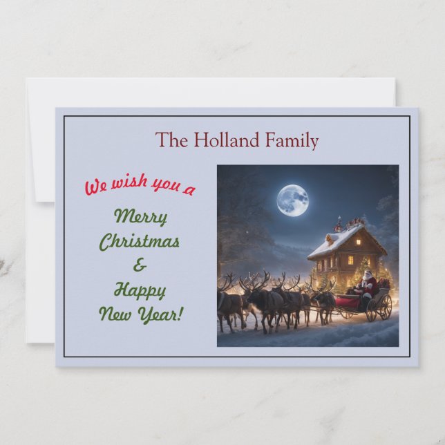 Santa and sleigh with reindeer holiday card (Front)