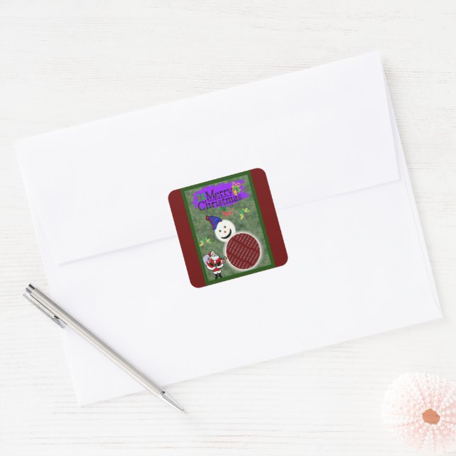 Santa and Snowman Add Photo Xmas Square Sticker (Envelope)