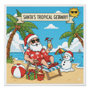Santa and Snowman at the Beach Poster