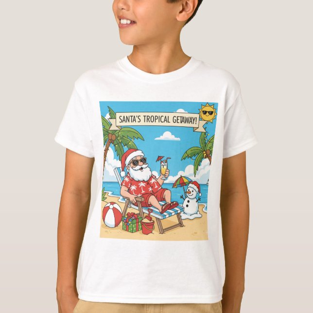Santa and Snowman at the Beach T-Shirt (Front)