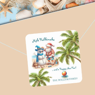 Santa and Snowman Mele Kalikimaka Christmas Square Sticker