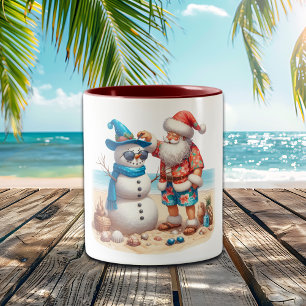 Santa and Snowman Tropical Island Christmas Two-Tone Coffee Mug
