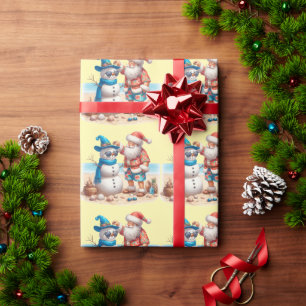 Santa and Snowman Tropical Island Christmas Wrapping Paper