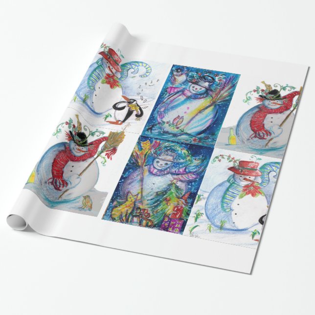 SANTA AND SNOWMEN CHRISTMAS  PARTY WRAPPING PAPER (Unrolled)