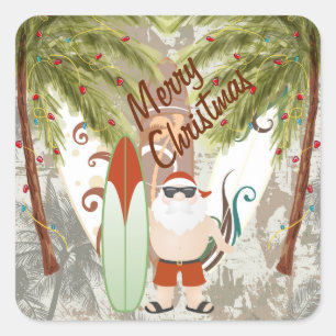 Santa and Surfboard Merry Christmas Beach Square Sticker