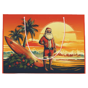 Santa and Surfboard Retro Surfing Beach Christmas Large Gift Bag