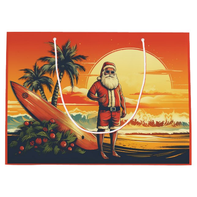 Santa and Surfboard Retro Surfing Beach Christmas Large Gift Bag (Front)