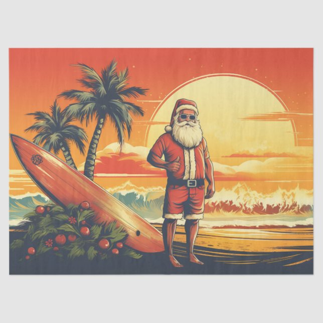 Santa and Surfboard Retro Surfing Beach Christmas Tissue Paper (Front)