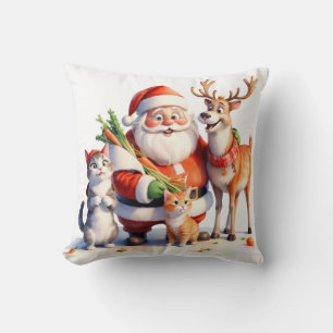 Santa and the cat family feed reindeer in the snow cushion