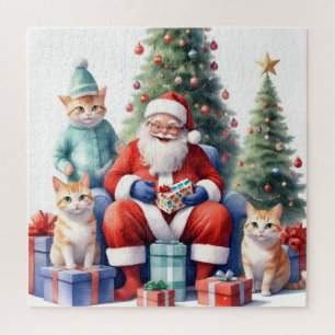 Santa and the cat family open gifts joyfully in pa jigsaw puzzle