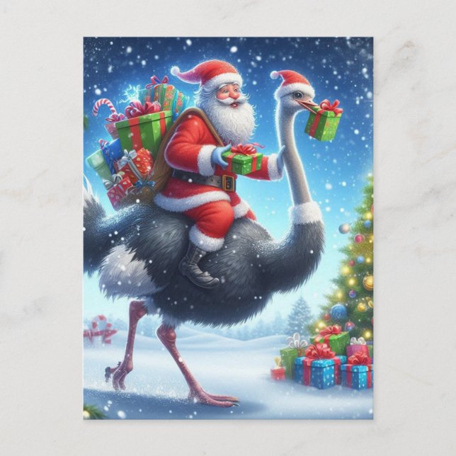 Santa and the Ostrich Festive Christmas Postcard (Front)