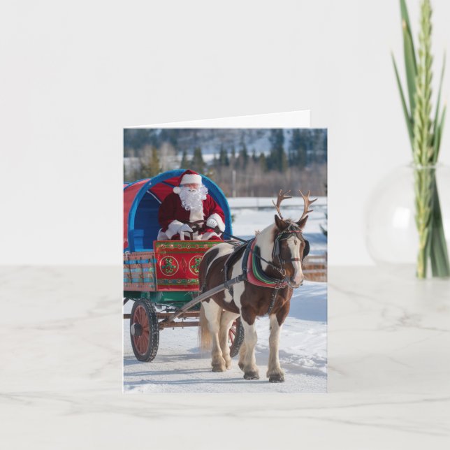 Santa and the Pinto Draught Horse With Antlers Card (Front)