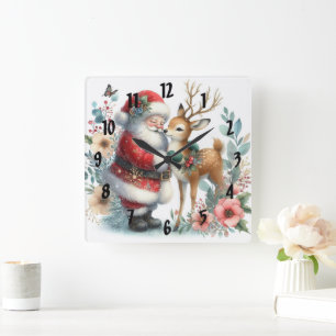 Santa And The Reindeer 6 Square Wall Clock