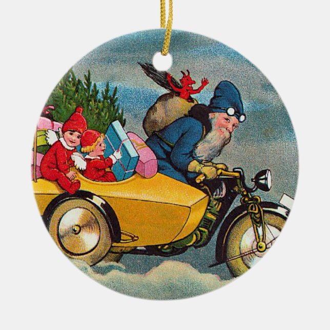 Santa and the Sidecar Ceramic Tree Decoration (Front)