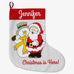 Santa and the Snowman - Christmas is Here! Large C Stocking