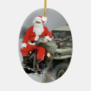 Santa and the WW2 1/4 4x4 Truck Ceramic Tree Decoration