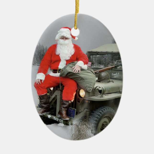 Santa and the WW2 1/4 4x4 Truck Ceramic Tree Decoration (Front)