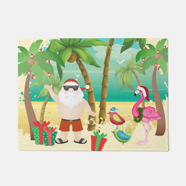 Santa and Tropical Birds Beach Christmas Holiday Doormat (Front)