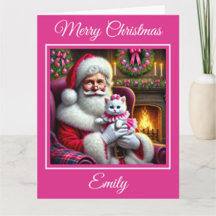 Santa and White Kitten with Pink Bow Card