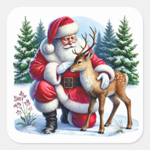 Santa and Young Reindeer in Winter Square Sticker