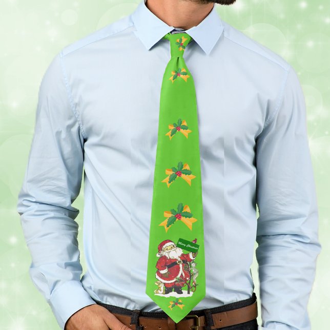 Santa Animals Holly Bow Merry Christmas Tie (Santa Claus with little animals in snow golden bows with holly leaves on green Christmas neck tie.)