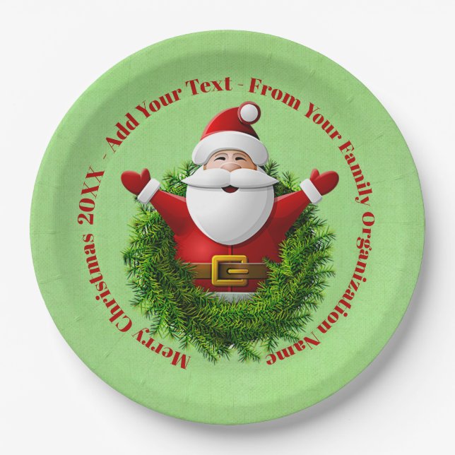 Santa Announcing Your Text Name Year Red Green 9" Paper Plate (Front)
