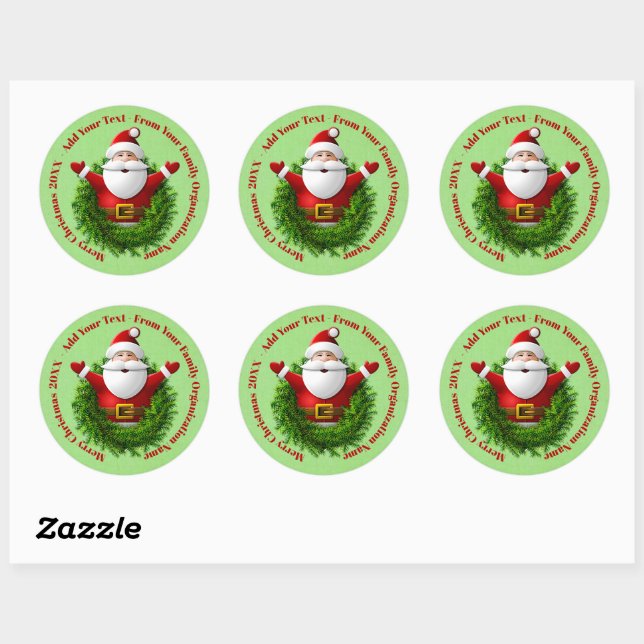 Santa Announcing Your Text Name Year Red Green   Classic Round Sticker (Sheet)
