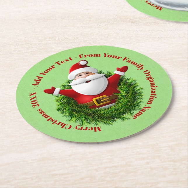 Santa Announcing Your Text Name Year Red Green  Round Paper Coaster (Angled)