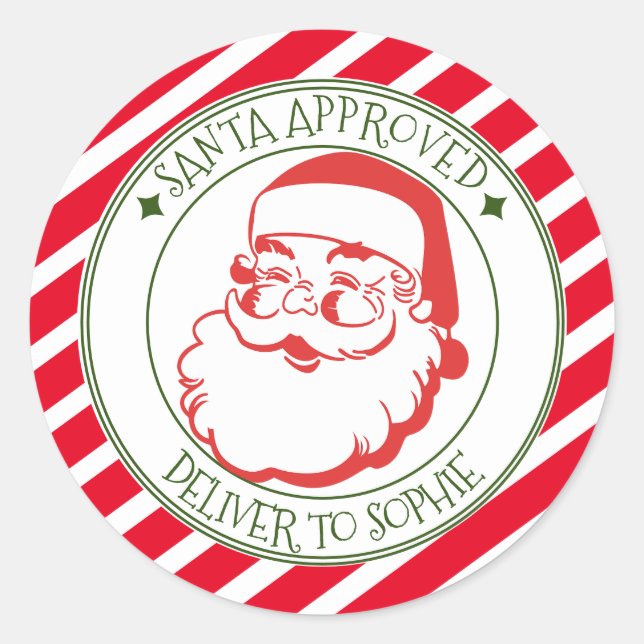 Santa approved deliver red stripe Christmas gift Classic Round Sticker (Front)