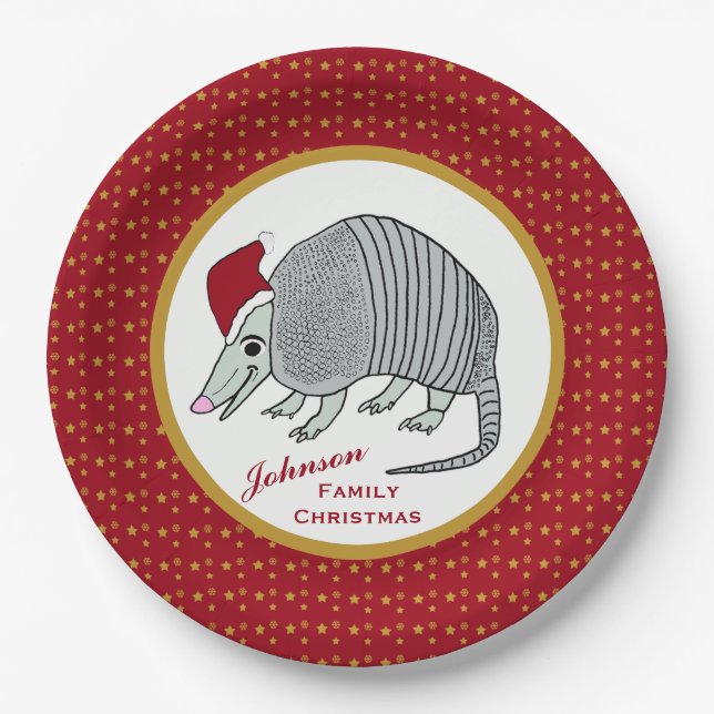 Santa Armadillo Stars Christmas Paper Plate (Front)