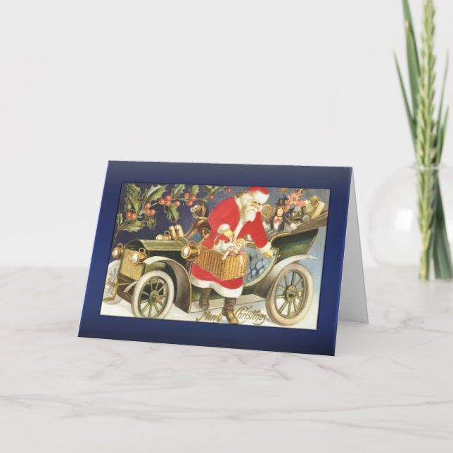 Santa Arriving in Car Greetings Holiday Card (Front)
