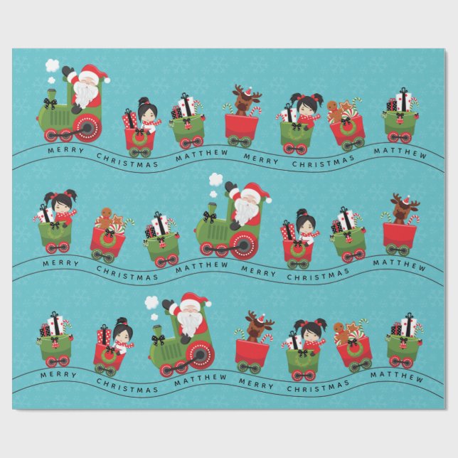 Santa & Asian Girl on Train Wrapping Paper (Flat)