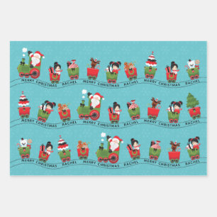 Santa & Asian Girl on Train Wrapping Paper Sheet