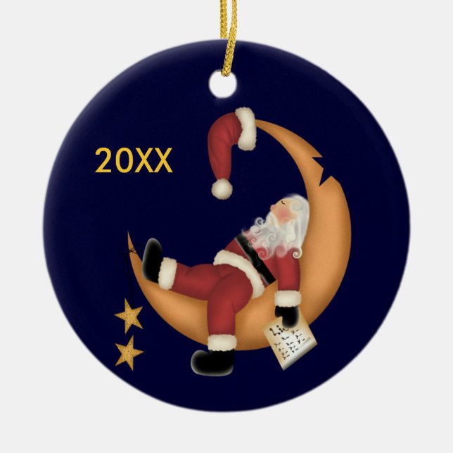 Santa Asleep on the Moon Keepsake Ornament (Front)
