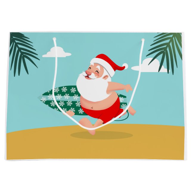 Santa at beach cartoon large gift bag (Front)