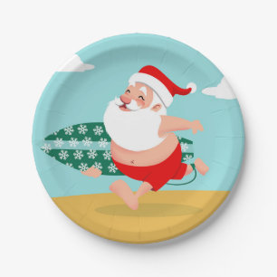 Santa at beach cartoon paper plate