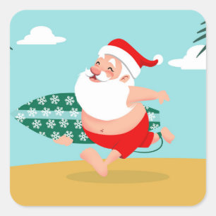 Santa at beach cartoon square sticker