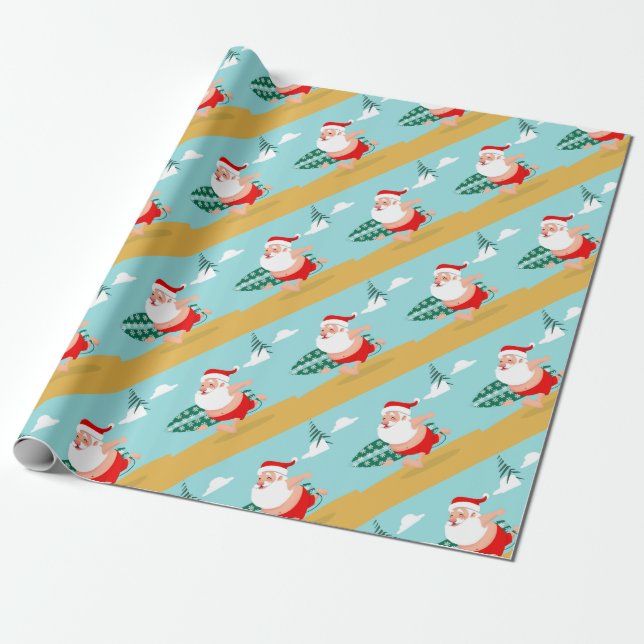 Santa at beach cartoon wrapping paper (Unrolled)