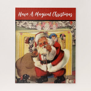 Santa at Fireplace with Puppies Vintage Retro  Jigsaw Puzzle