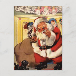 Santa at Fireplace with Puppy Vintage Retro Postcard