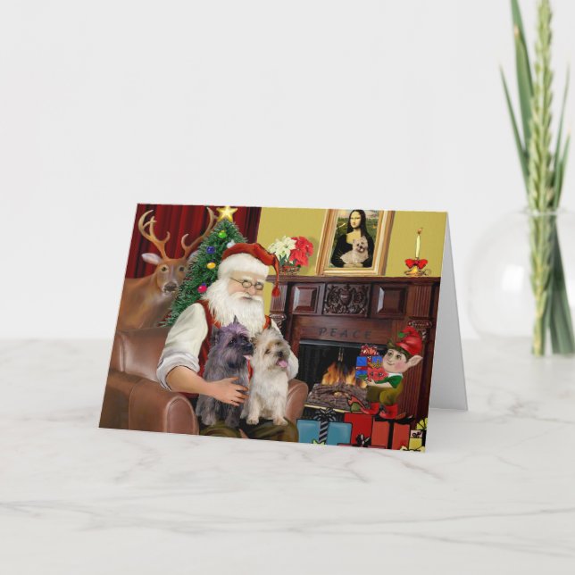 Santa At Home - Cairn Terriers (two) Holiday Card (Front)