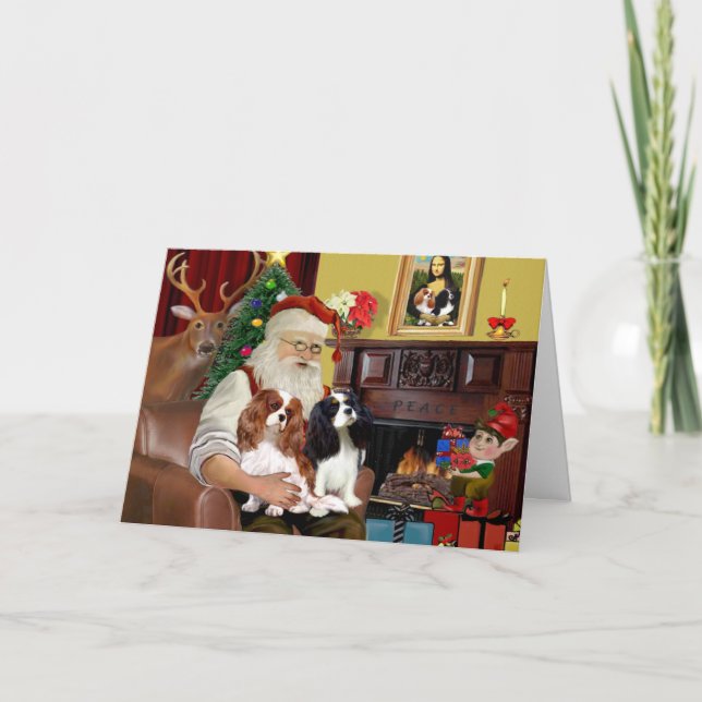 Santa At Home  Cavalier King Charles (two) Holiday Card (Front)