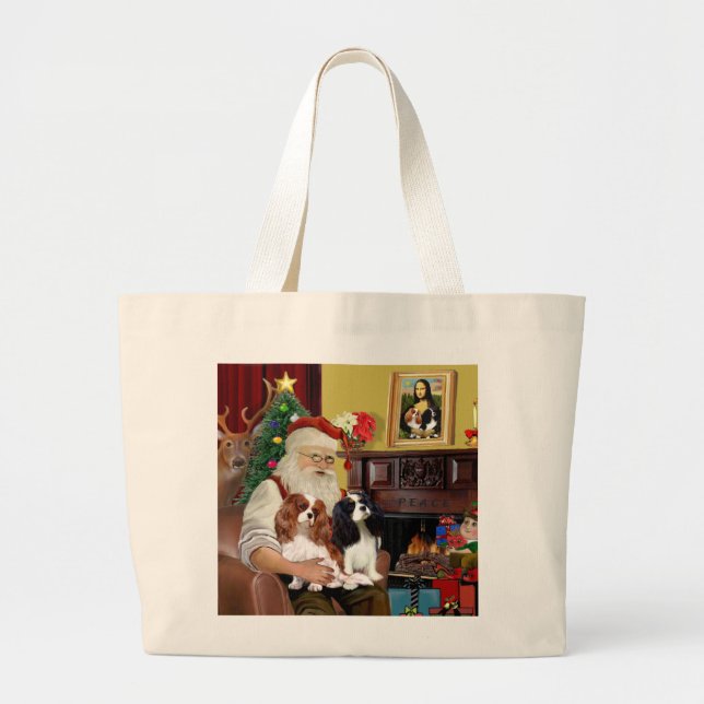 Santa At Home  Cavalier King Charles (two) Large Tote Bag (Front)
