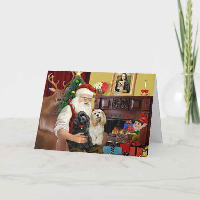 Santa At Home - Cocker Spaniels (two) Holiday Card (Front)