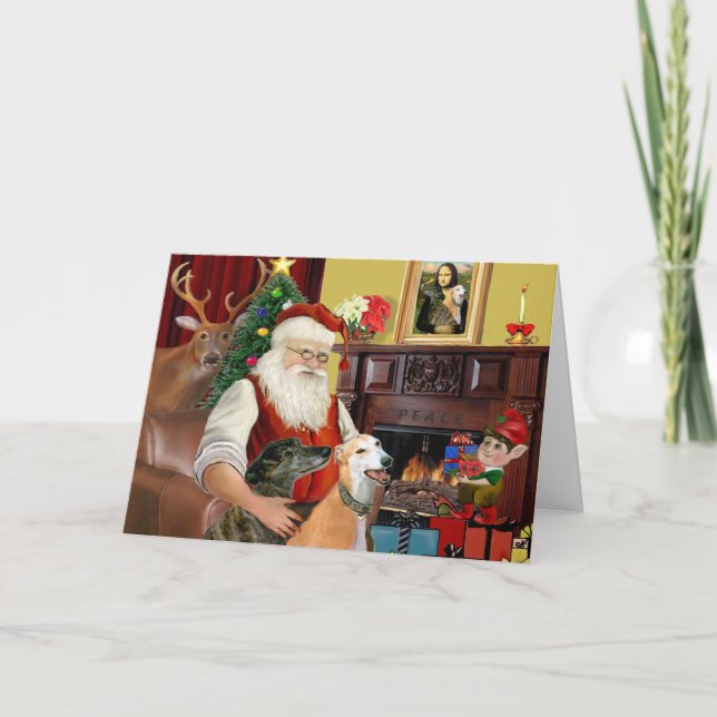 Santa At Home Greyhounds (two) Holiday Card (Front)