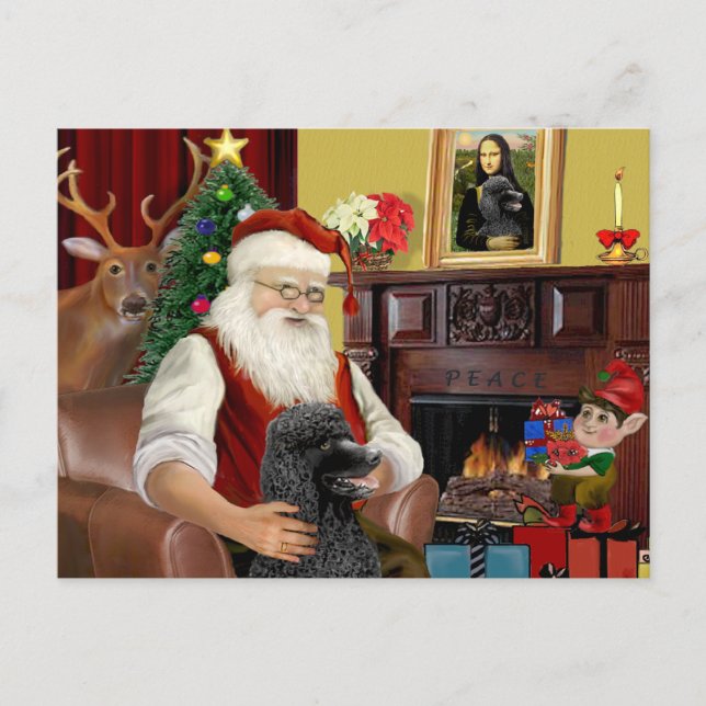 Santa At Home - Poodle (Standard black) Holiday Postcard (Front)