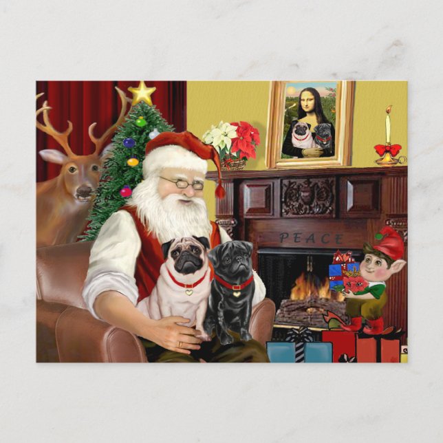 Santa At Home - Pugs two,2F,1blk) Holiday Postcard (Front)